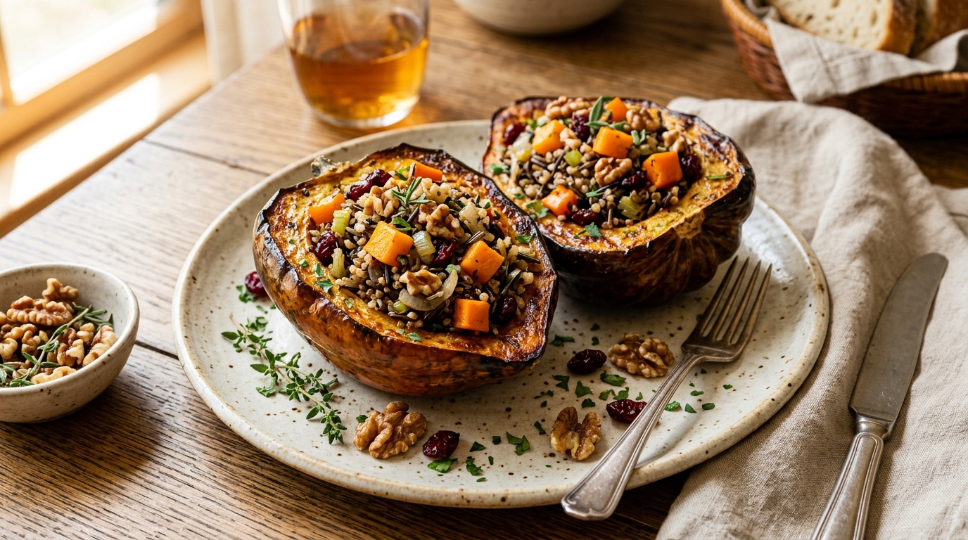 Finished persimmon and walnut stuffed acorn squash served
