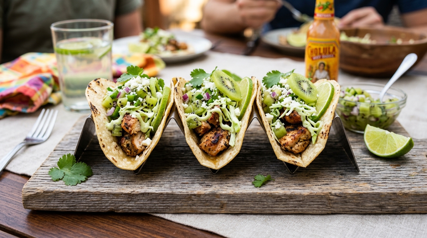 Finished kiwi and lime grilled chicken tacos served