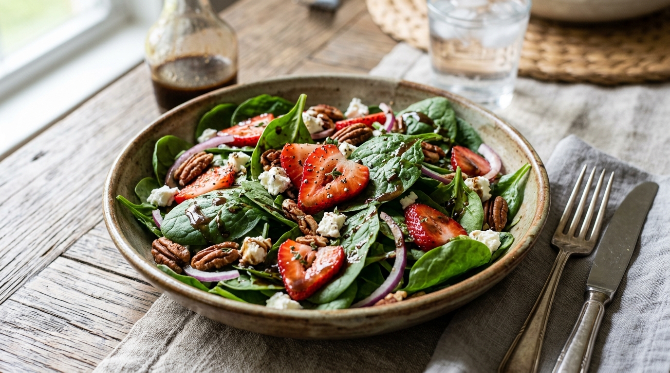 Finished strawberry spinach salad with balsamic dressing served