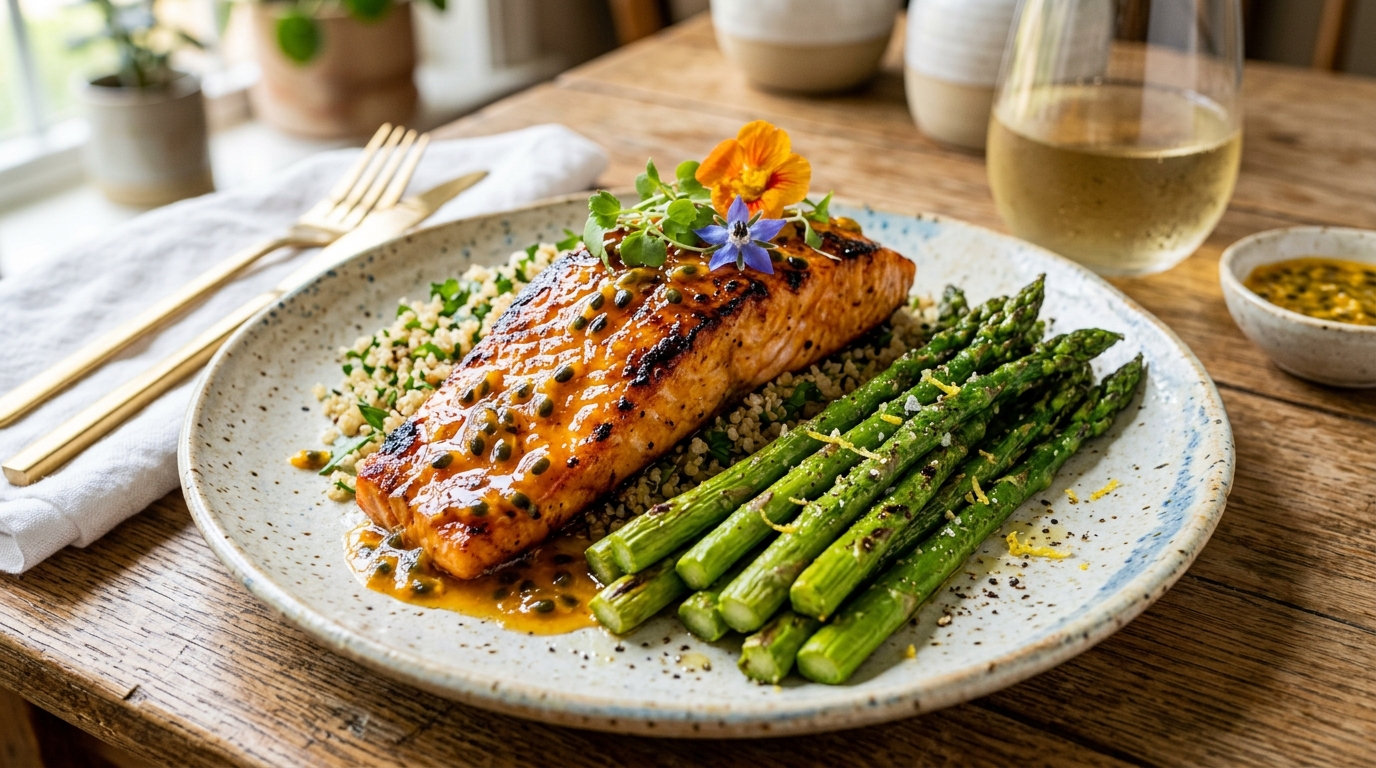 Finished passion fruit glazed salmon with asparagus served