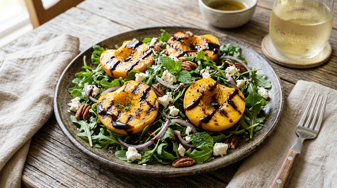 Finished grilled peach and arugula salad with balsamic glaze served