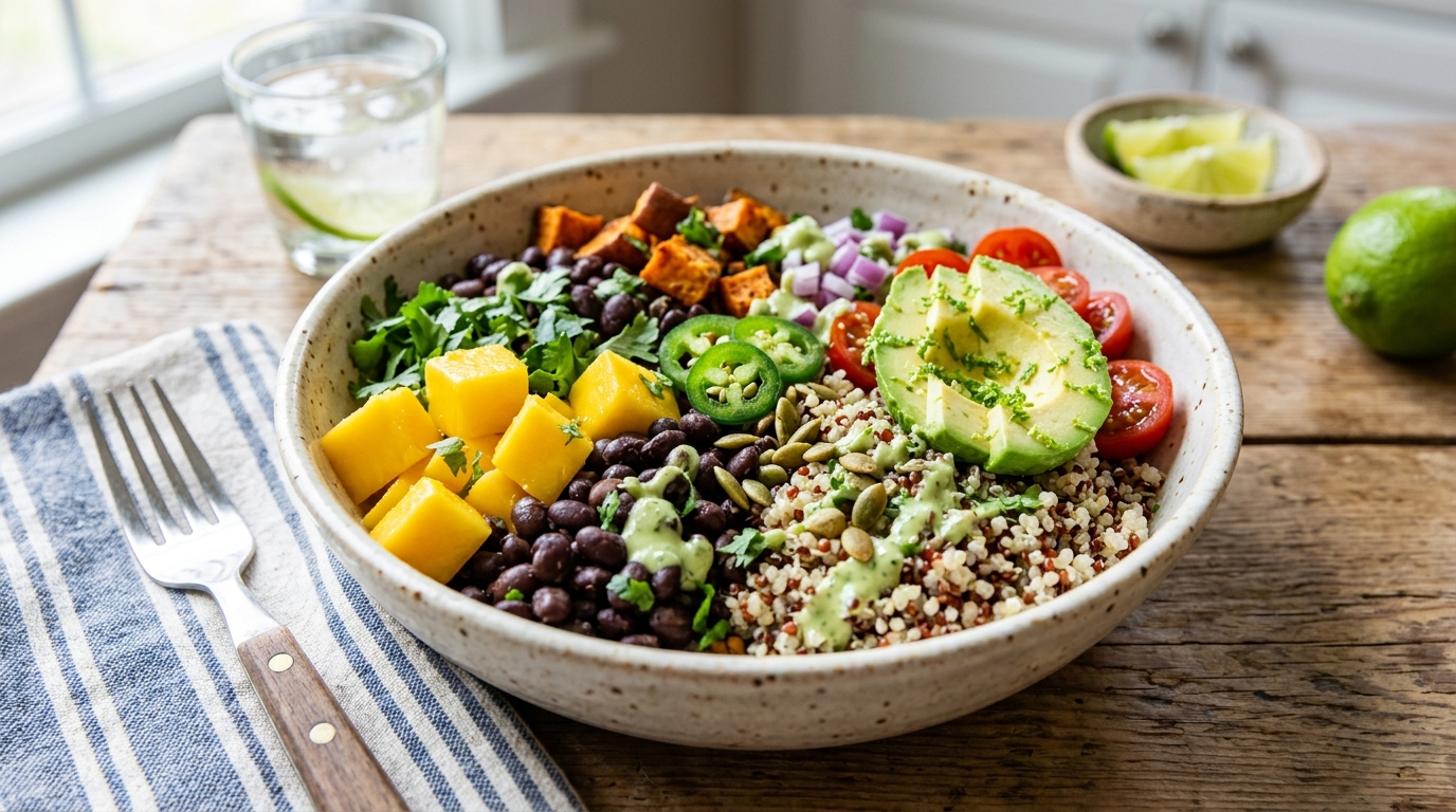 Finished mango and black bean quinoa bowl served