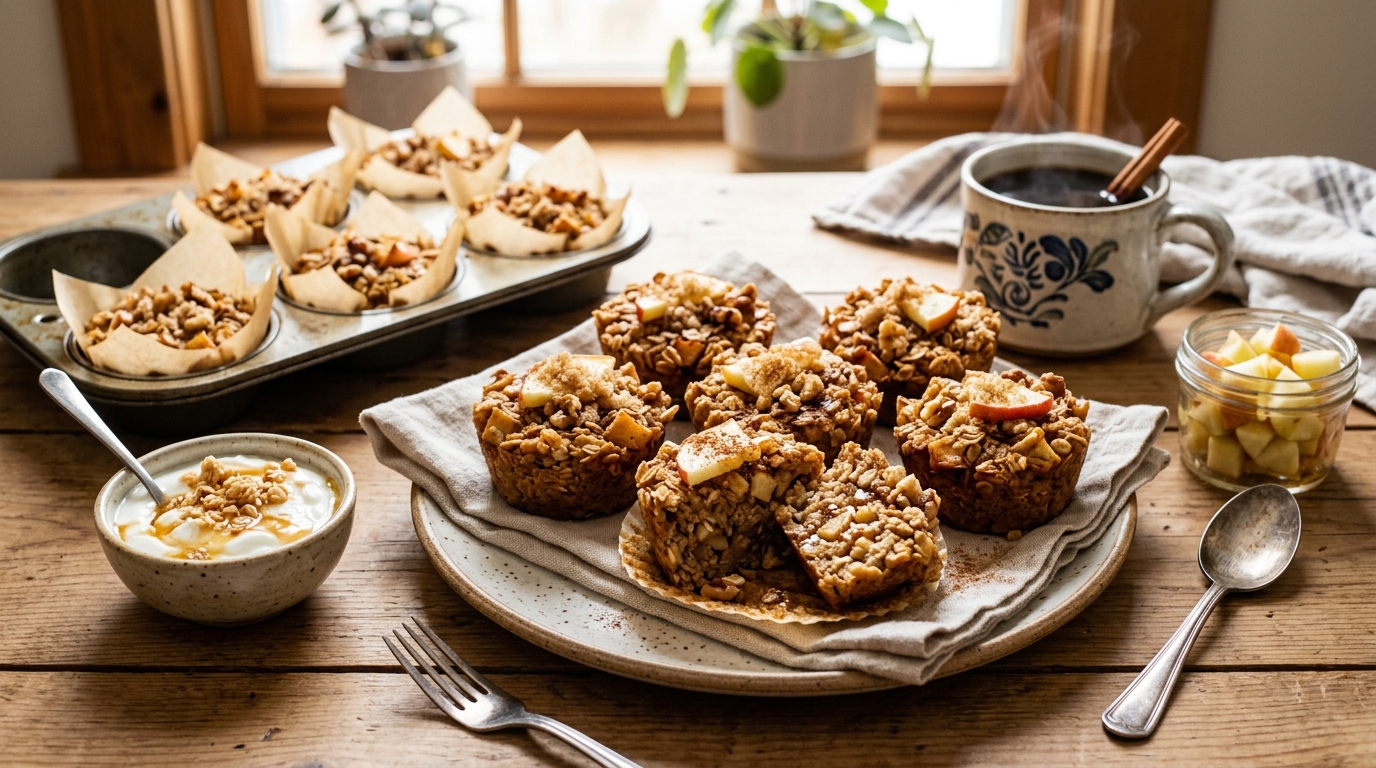 Finished baked apple and cinnamon oatmeal cups served