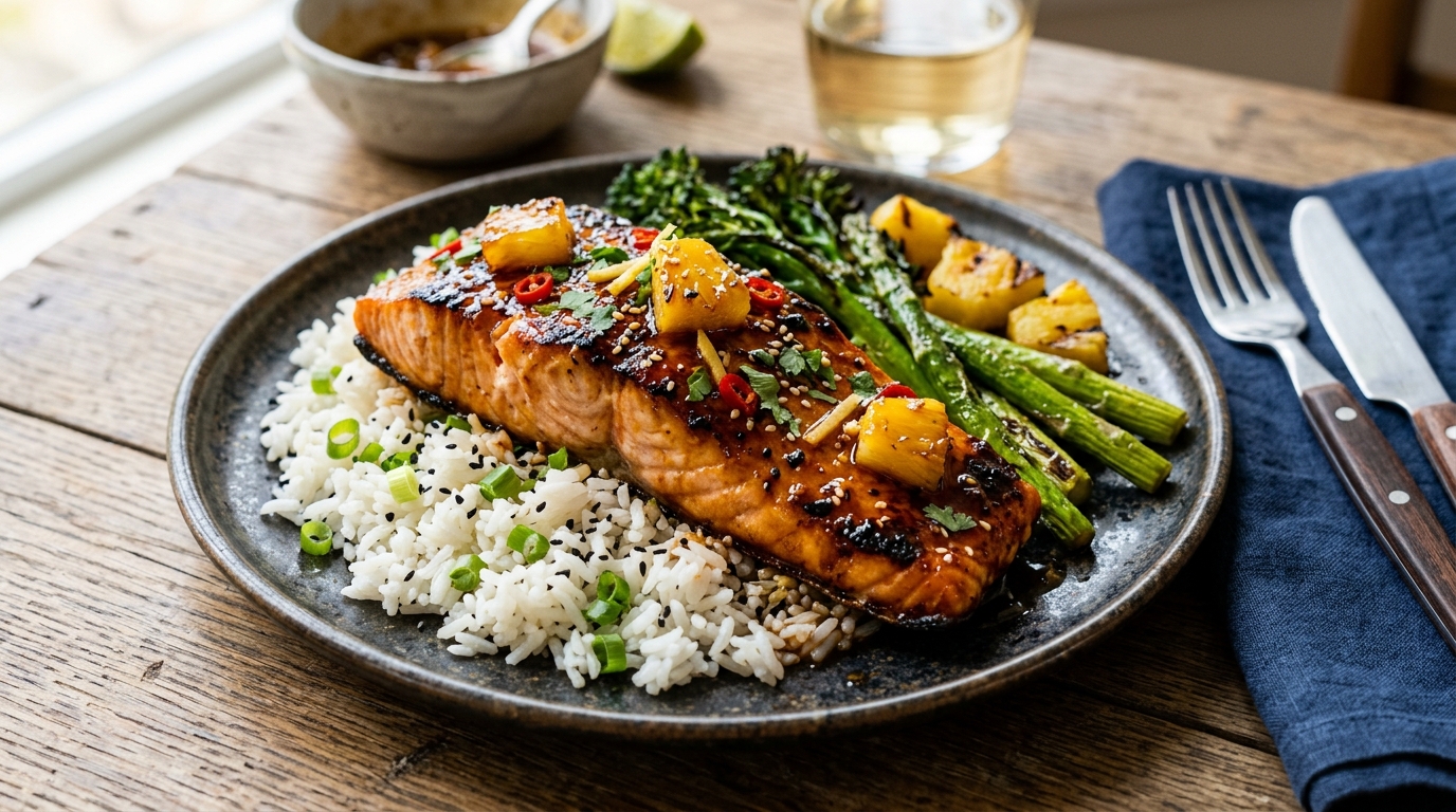 Finished pineapple and ginger glazed salmon served