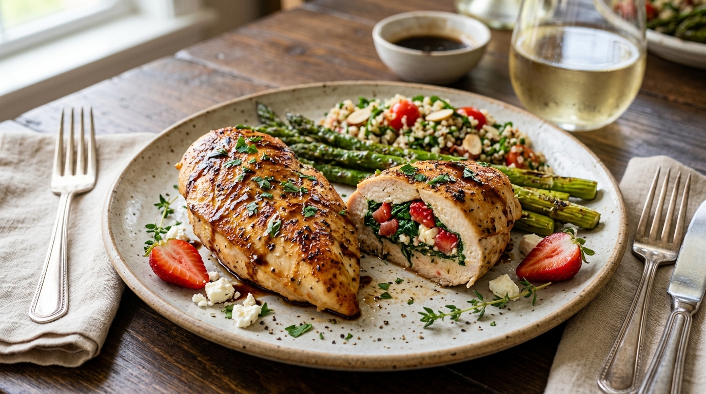 Finished strawberry and spinach stuffed chicken breast served