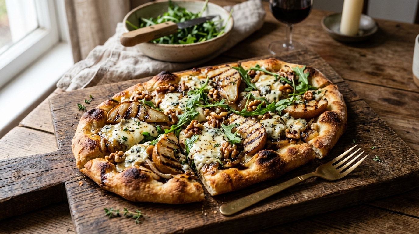 Finished grilled pear and gorgonzola flatbread served