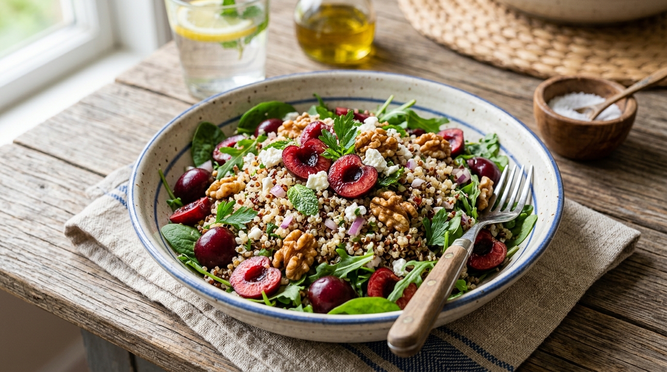 Finished cherry and walnut quinoa salad served