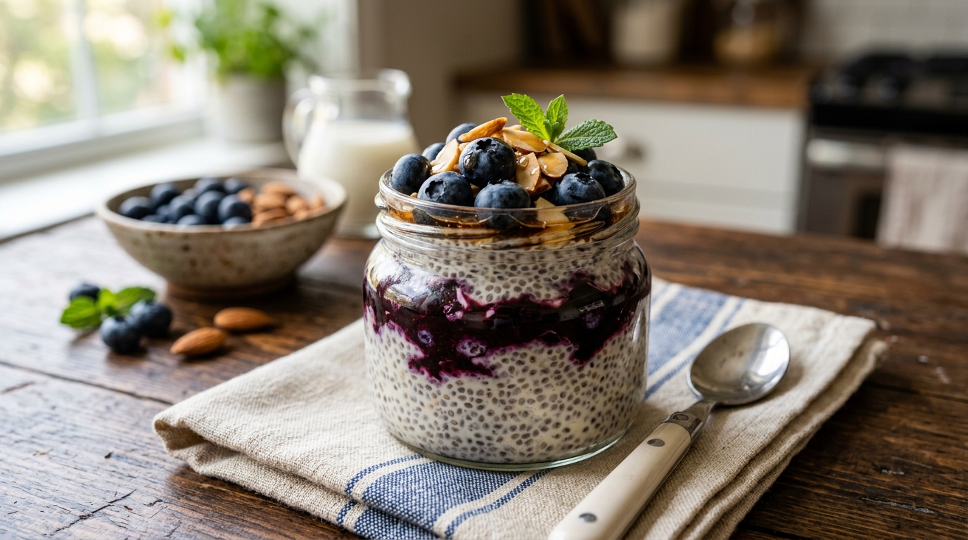 Finished blueberry and almond chia pudding served