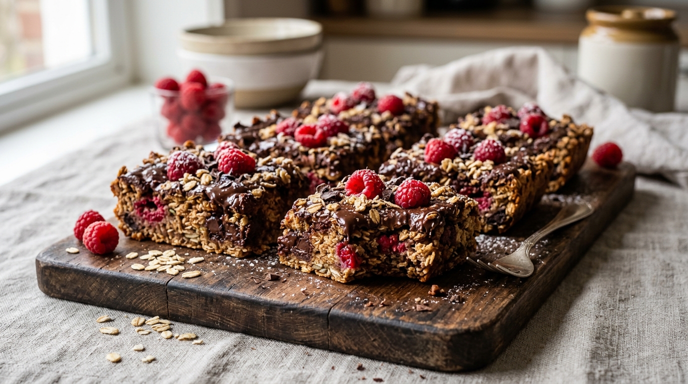 Finished raspberry and dark chocolate oat bars served