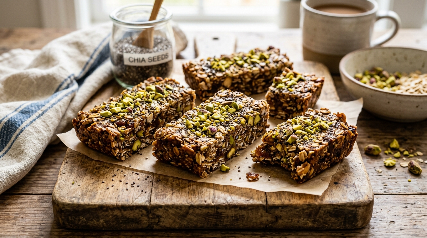 Finished pistachio and chia seed energy bars served