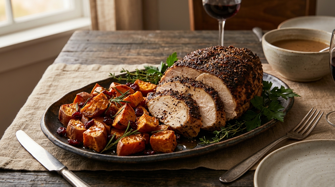 Finished espresso-rubbed turkey with roasted sweet potatoes served