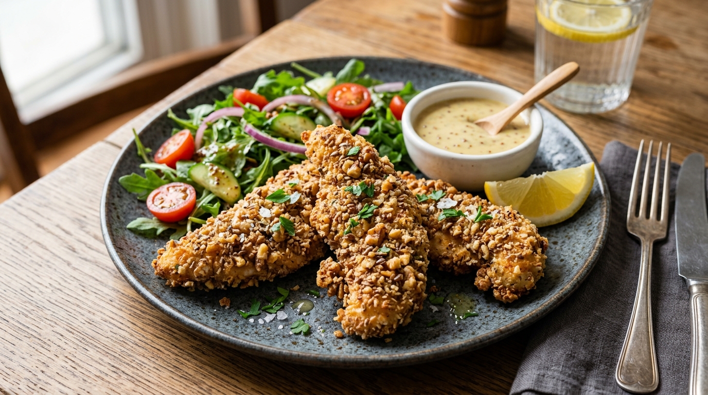 Finished walnut and flaxseed crusted chicken tenders served