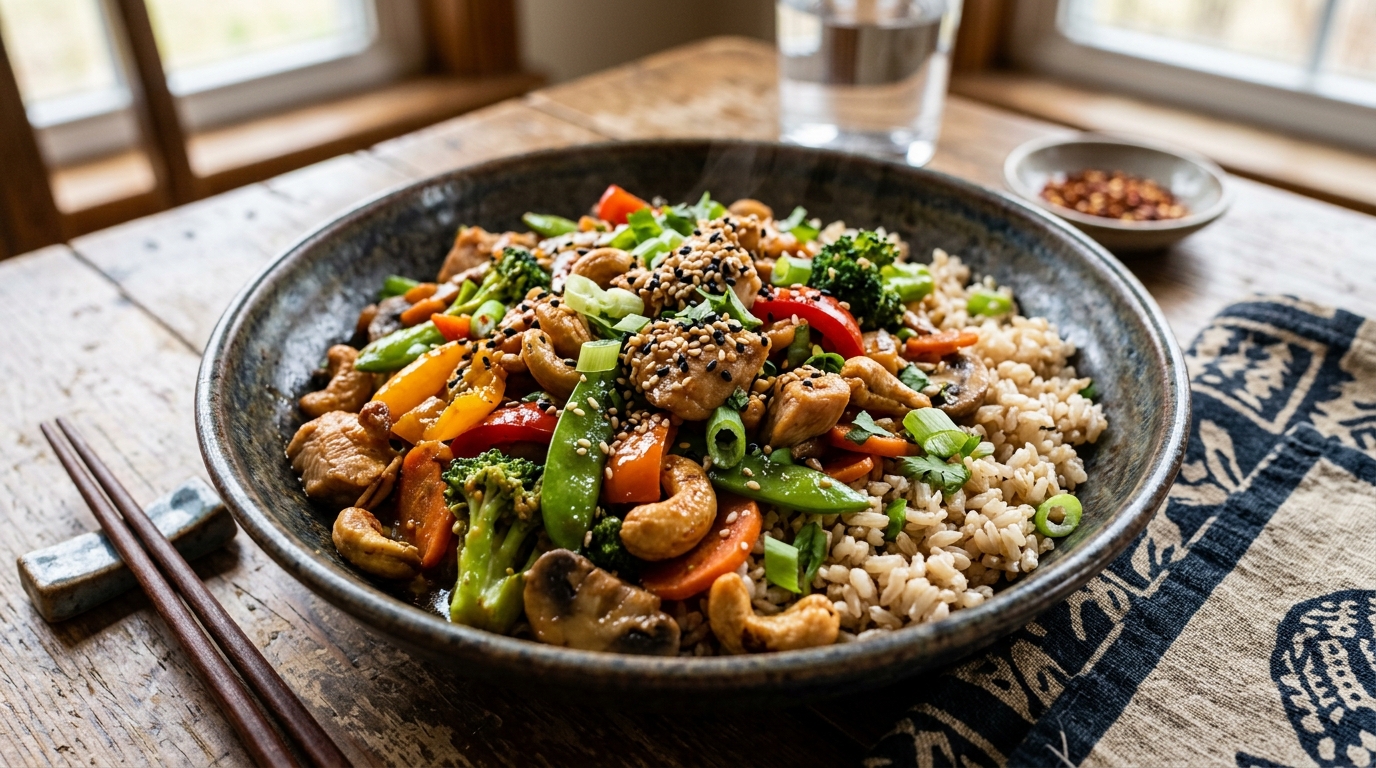 Finished cashew and sesame stir-fry with brown rice served