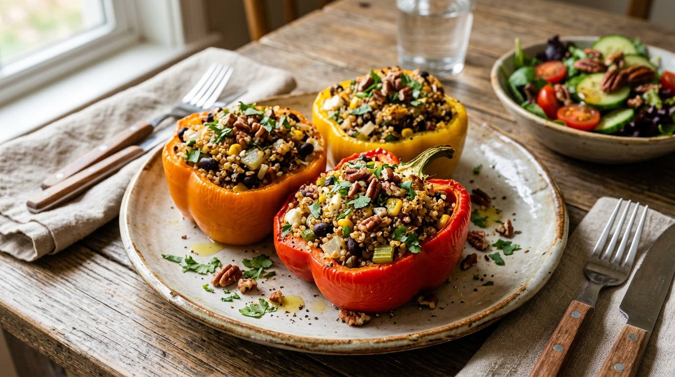 Finished pecan and quinoa stuffed bell peppers served