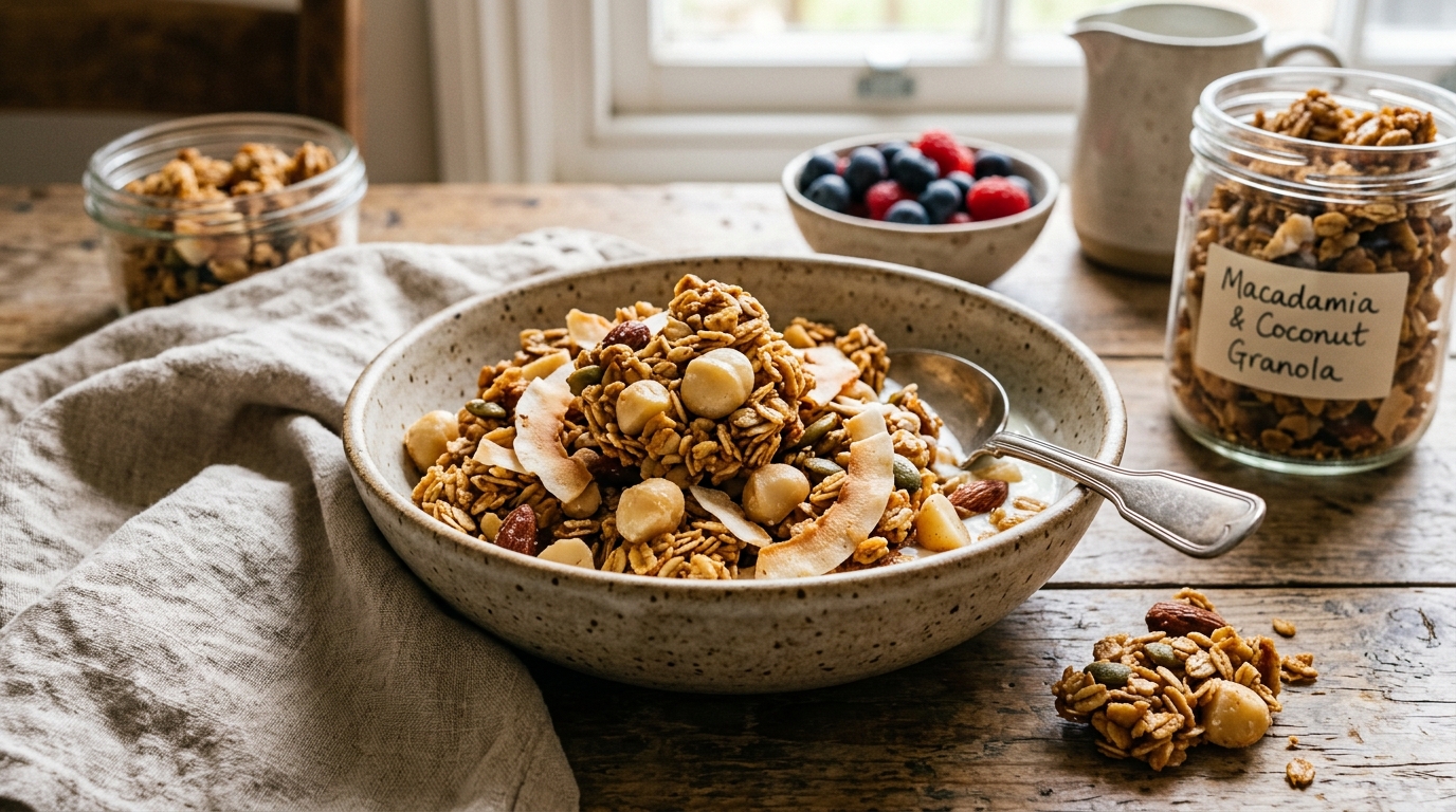 Finished macadamia and coconut granola clusters served