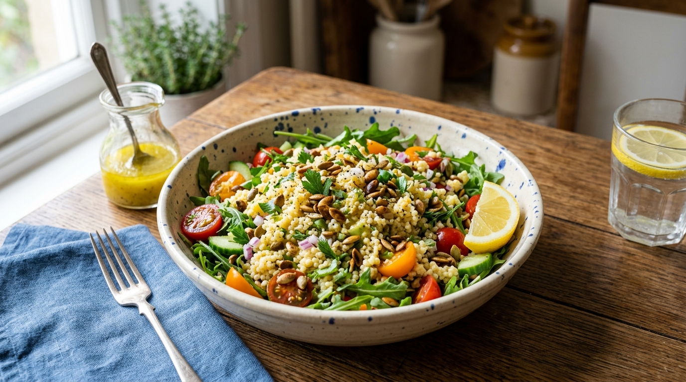 Finished pumpkin seed and millet salad with lemon dressing served