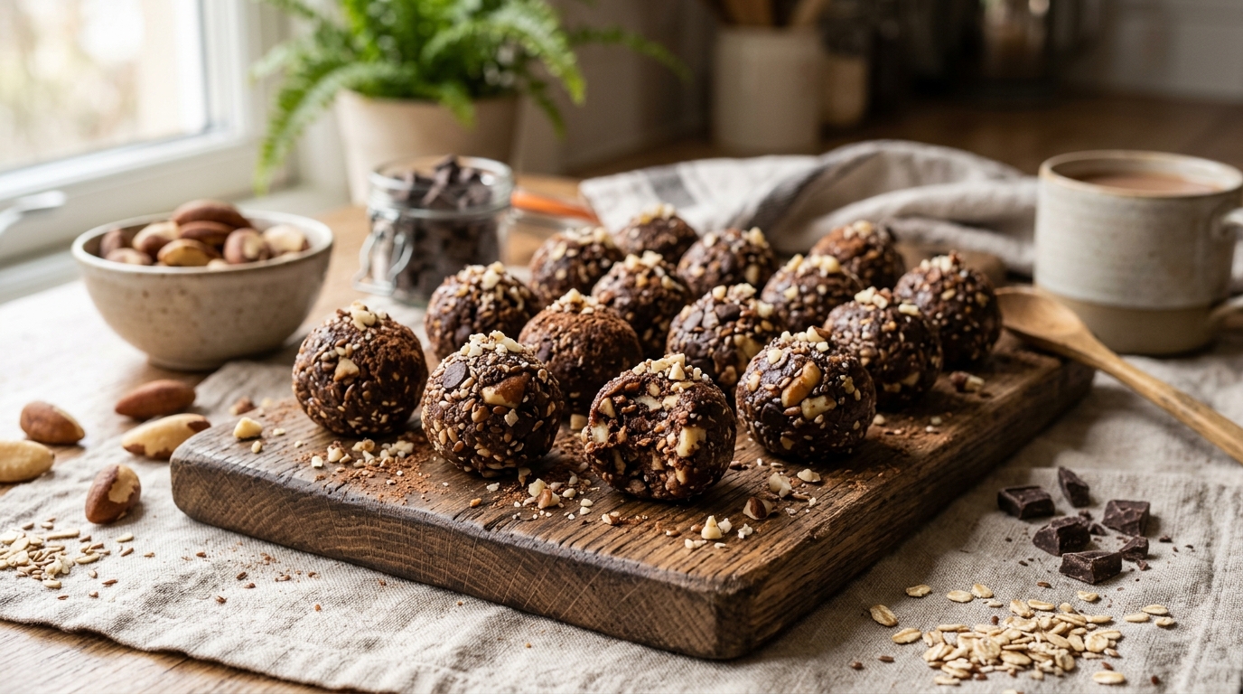 Finished brazil nut and dark chocolate energy bites served