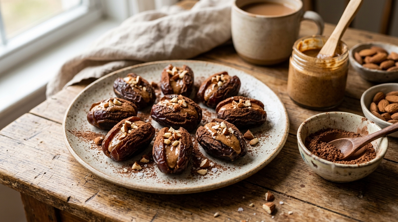 Finished almond butter stuffed dates with cocoa dust served
