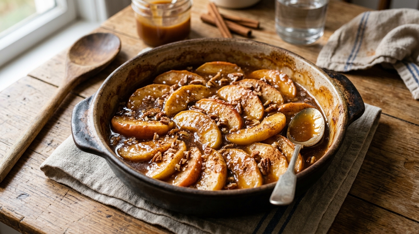 Finished baked apple slices with cinnamon and caramel glaze served