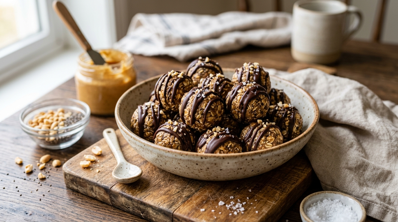 Finished peanut butter protein balls with dark chocolate drizzle served