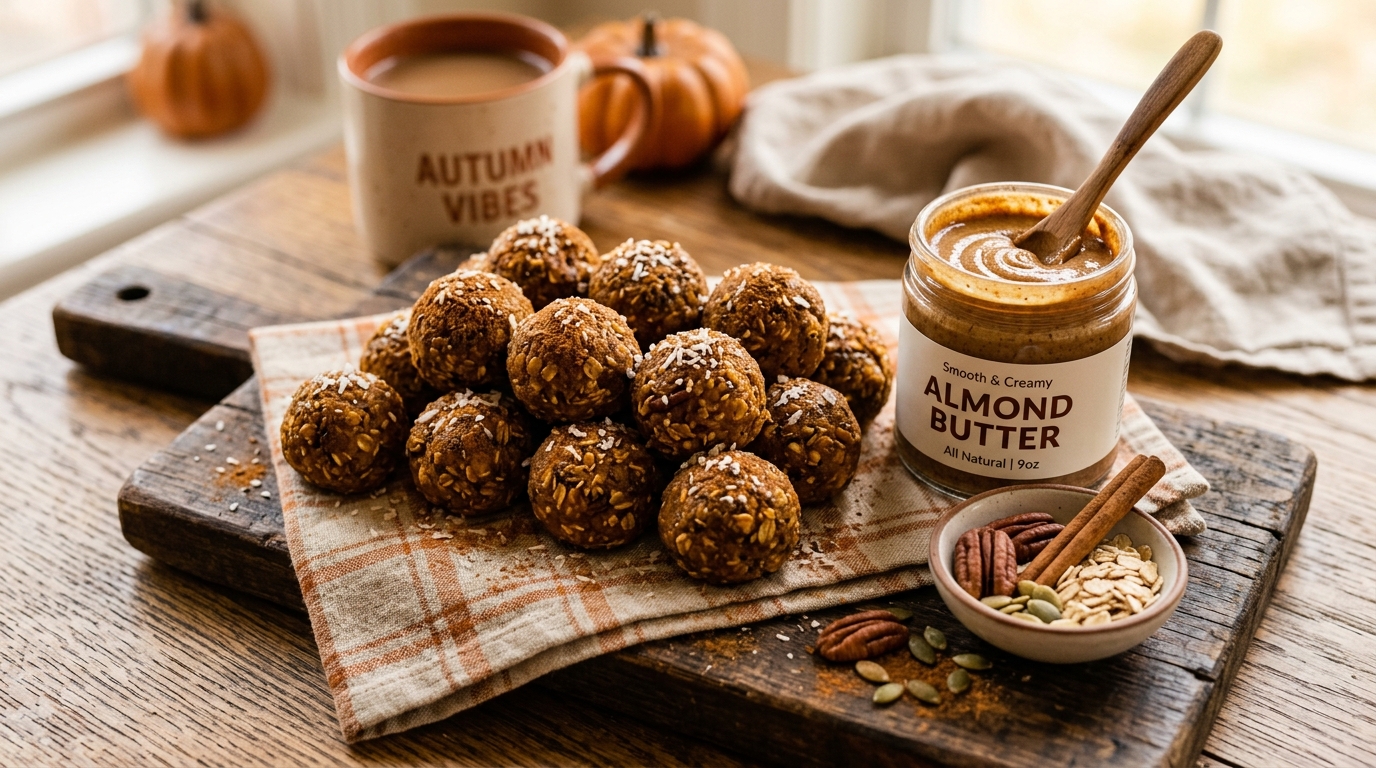Finished pumpkin spice energy bites with almond butter served