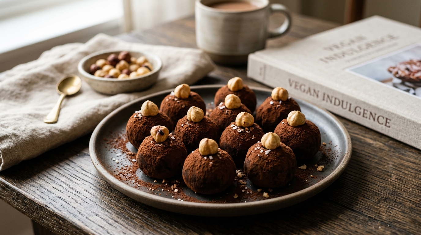 Finished vegan chocolate hazelnut truffles served