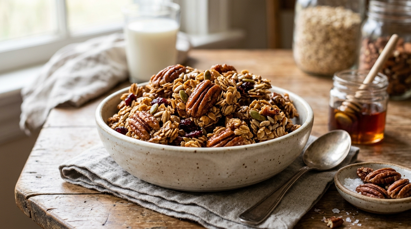 Finished maple glazed pecan granola clusters served