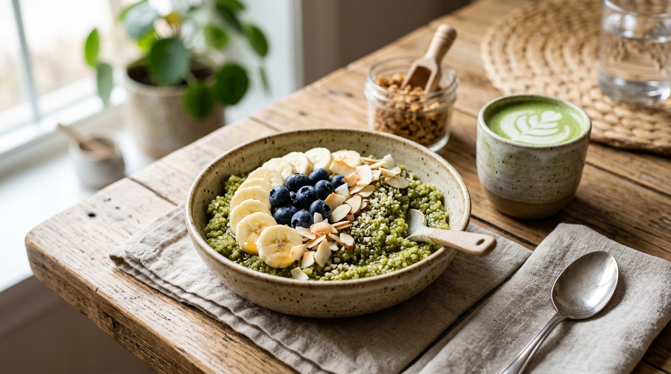 Finished matcha green tea quinoa breakfast bowl served