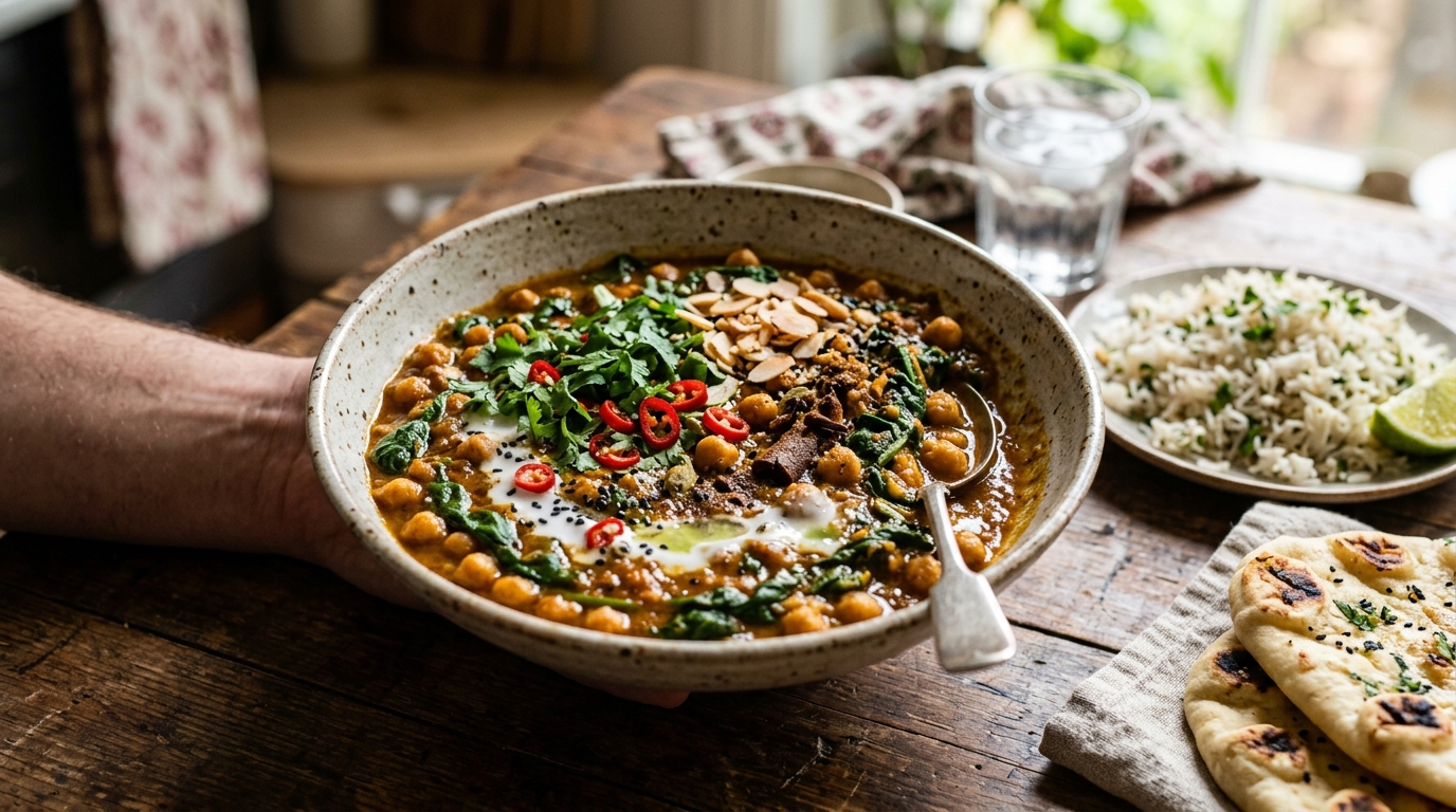 Finished chai-spiced chickpea and spinach curry served