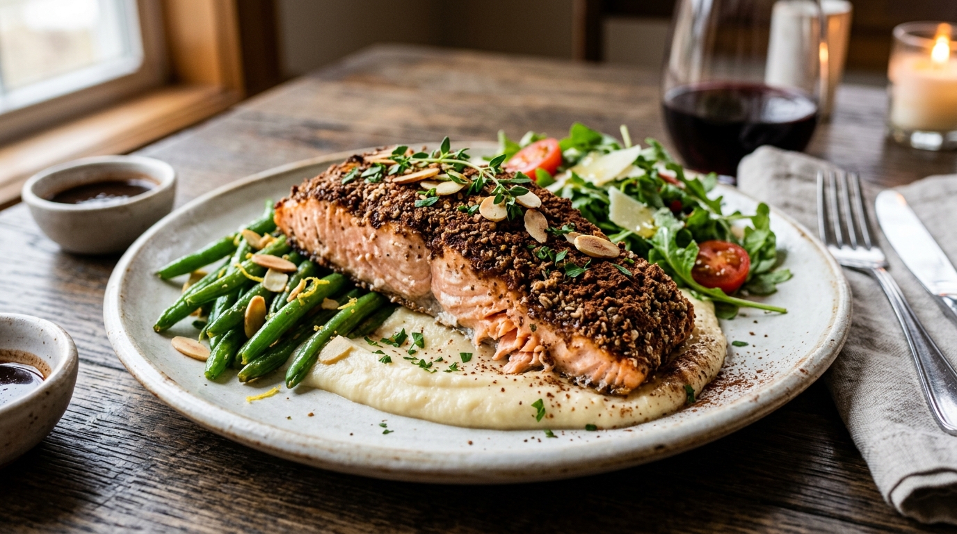 Finished cocoa-dusted almond crusted salmon served