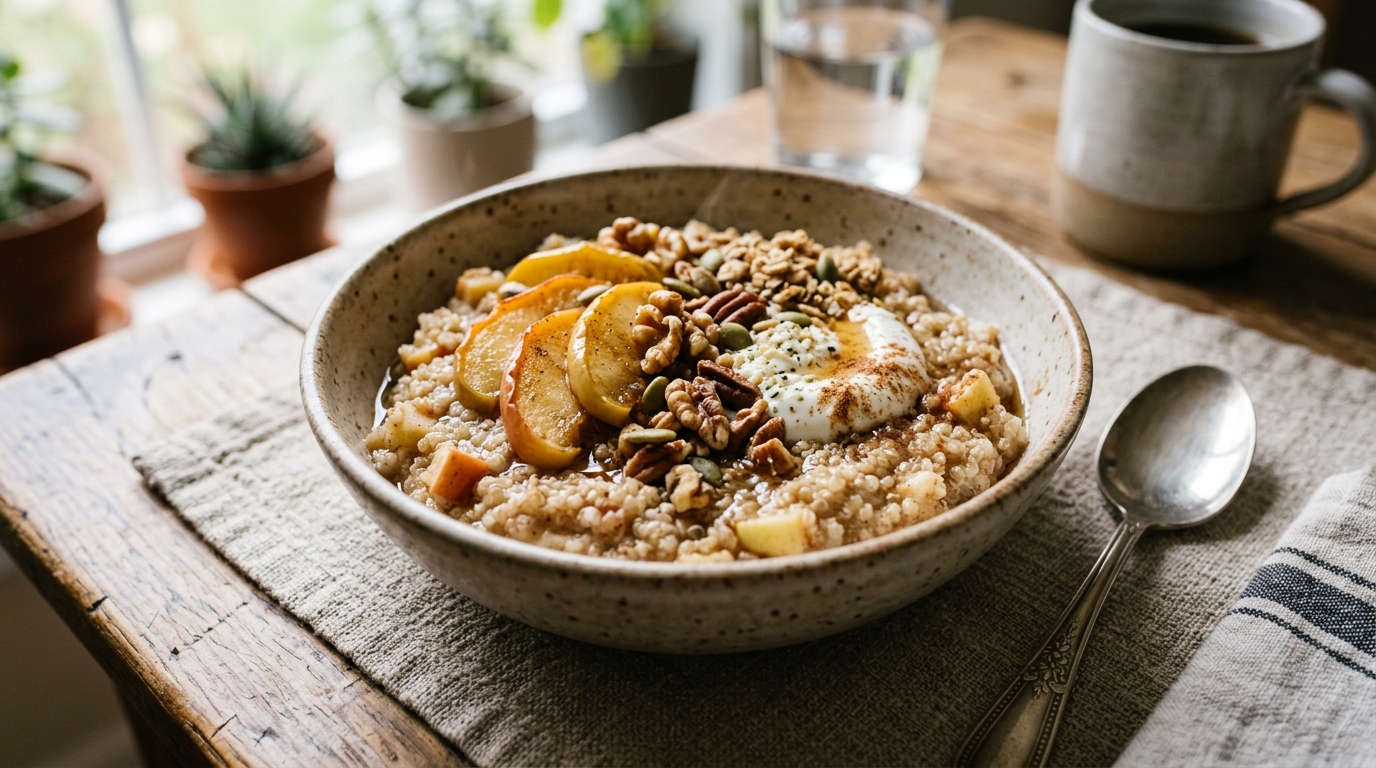 Finished apple cinnamon quinoa breakfast bowl served