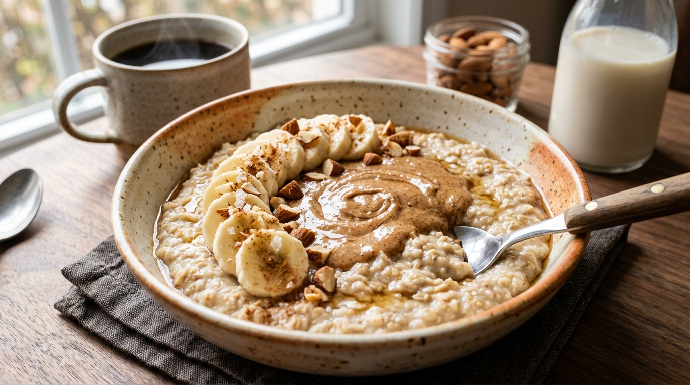 Finished malted oatmeal with almond butter and banana served