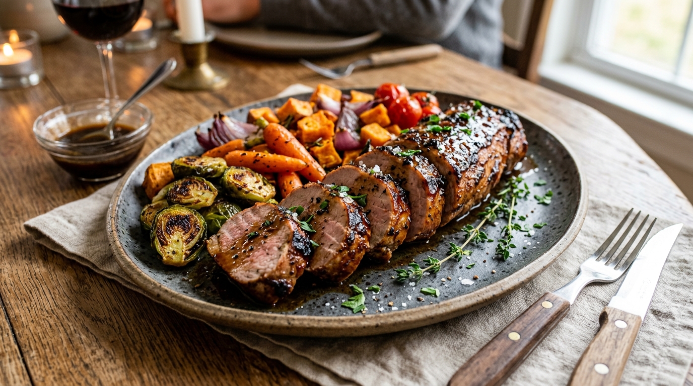 Finished coffee-glazed pork tenderloin with roasted vegetables served