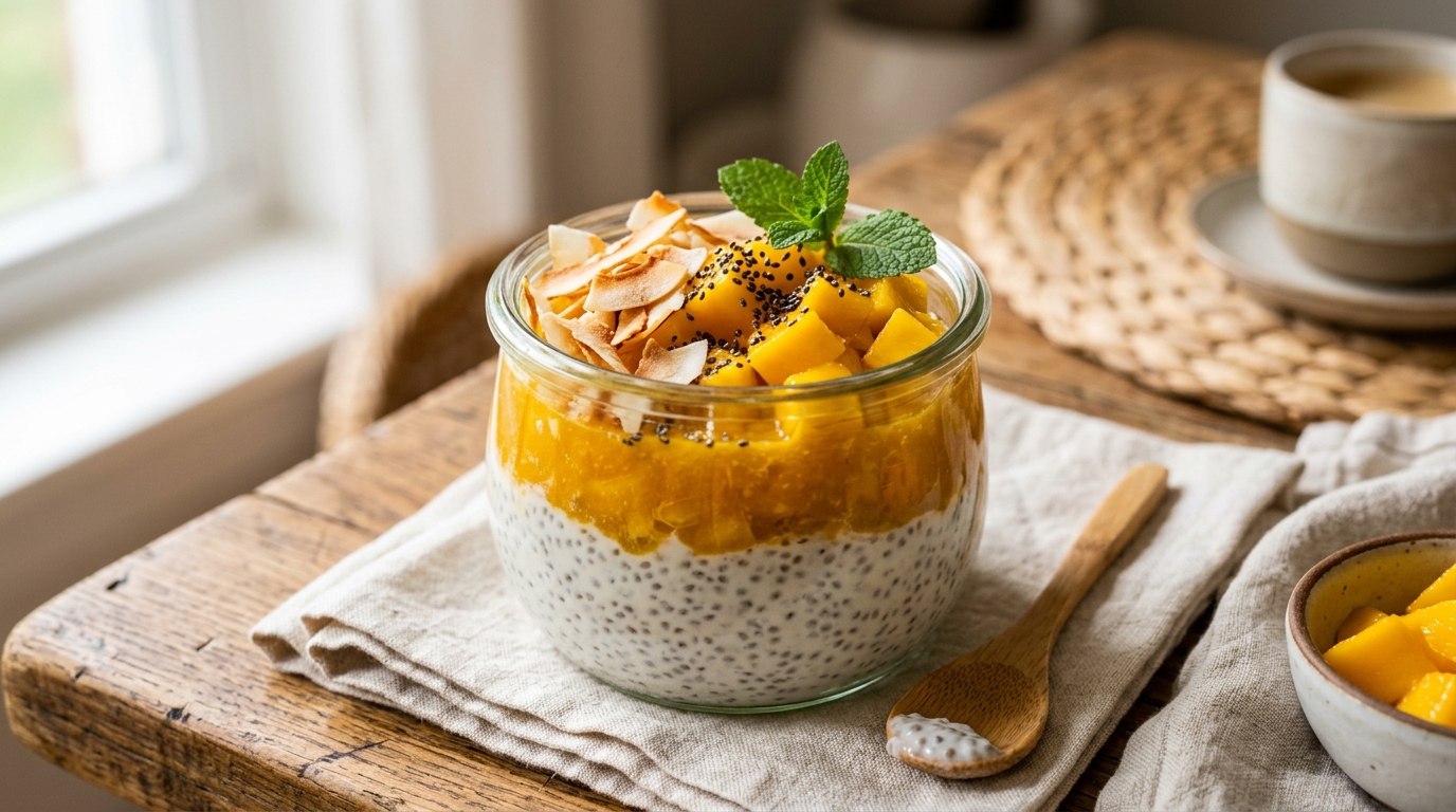 Finished mango coconut chia pudding served