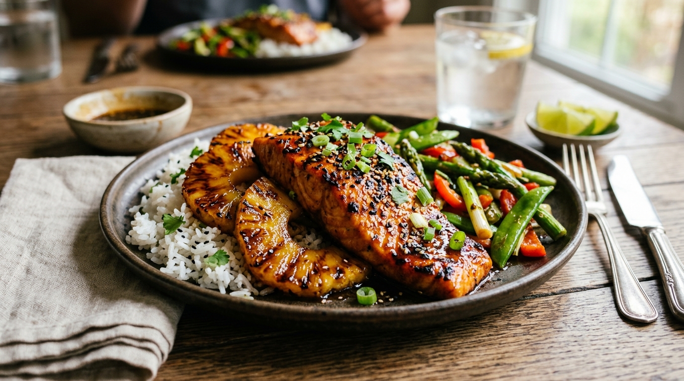 Finished grilled pineapple teriyaki salmon served