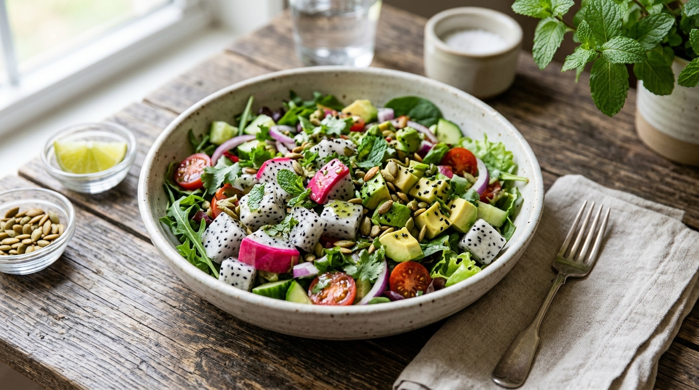 Finished dragon fruit and avocado salad served