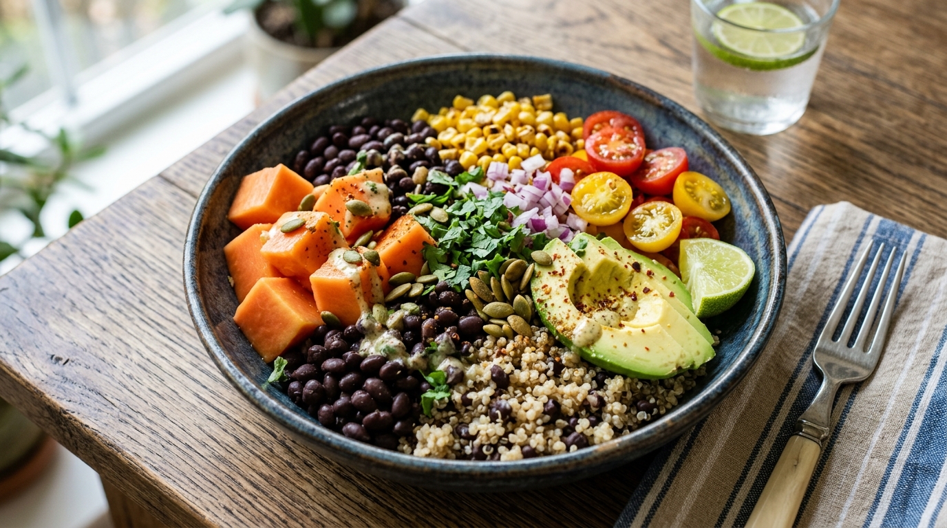 Finished papaya and black bean quinoa bowl served