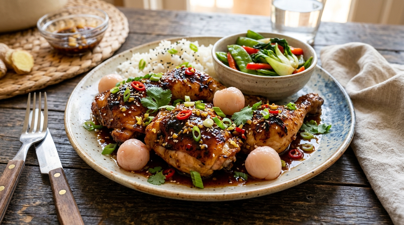 Finished lychee and ginger glazed chicken served
