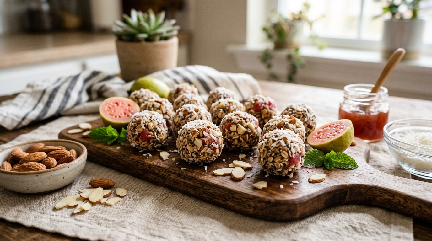 Finished guava and almond energy bites served