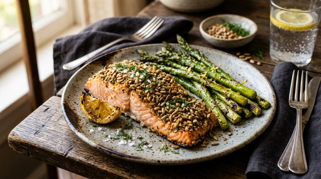 Sunflower Seed Crusted Salmon with Roasted Asparagus