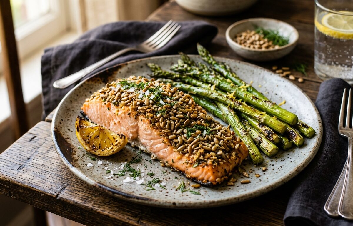 Sunflower Seed Crusted Salmon with Roasted Asparagus - main hero image