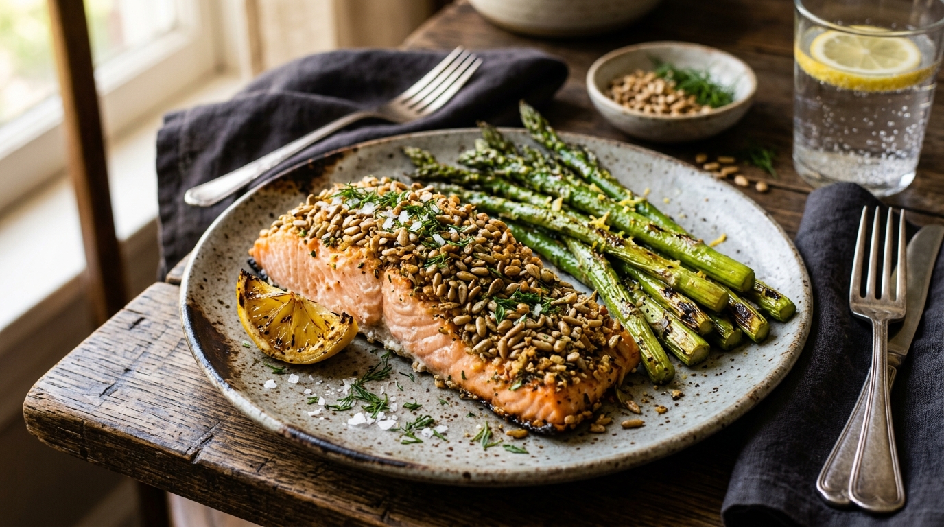 Sunflower Seed Crusted Salmon with Roasted Asparagus - main hero image