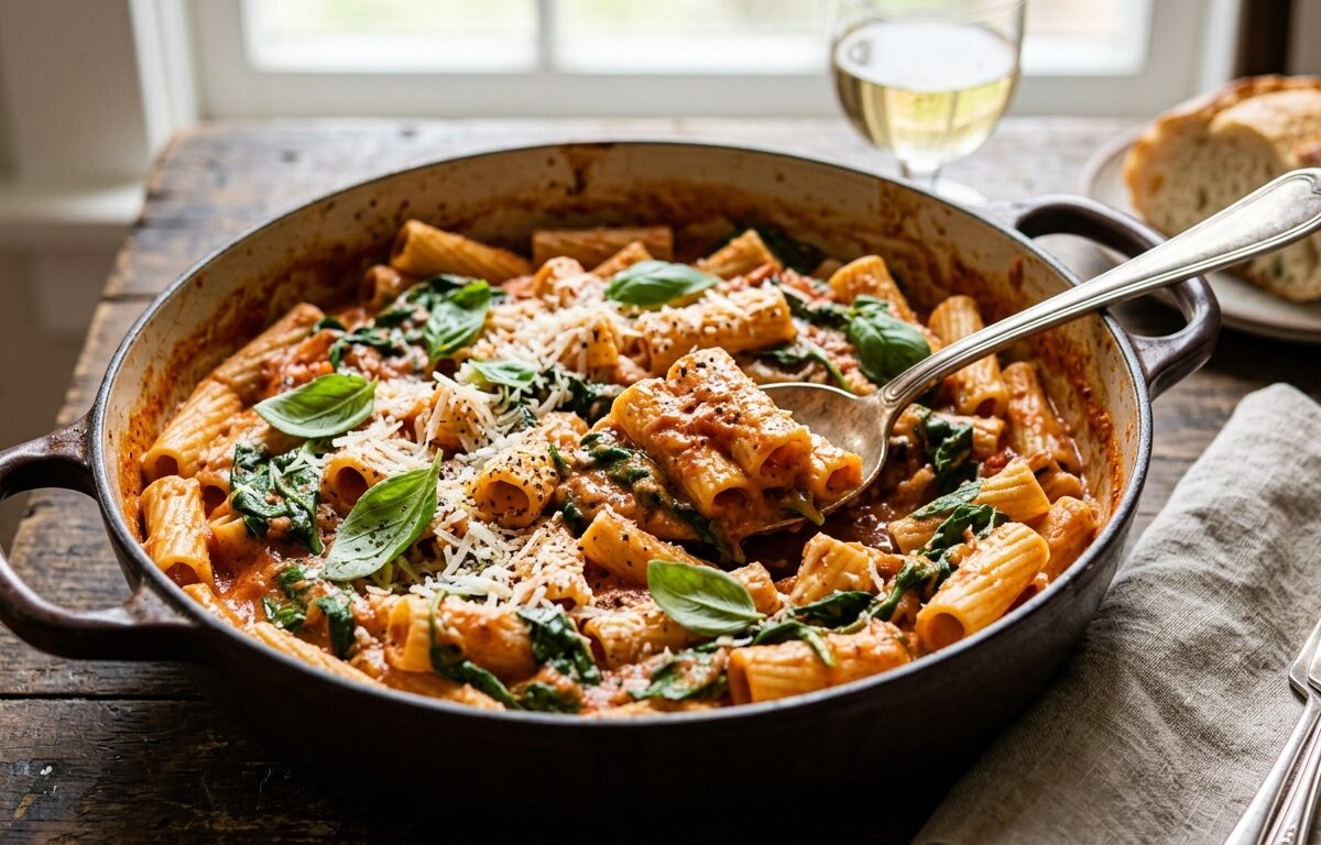 One-Pot Creamy Tomato Basil Pasta with Spinach - main hero image