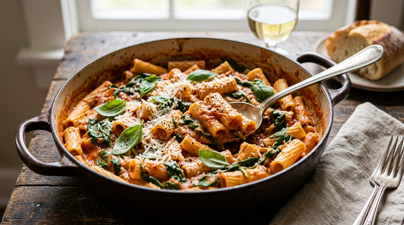 One-Pot Creamy Tomato Basil Pasta with Spinach - main hero image