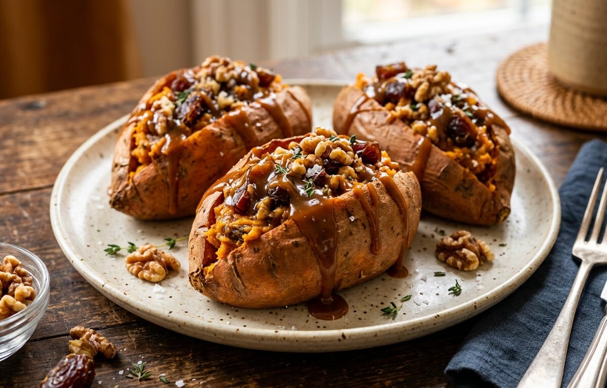 Caramel Date and Walnut Stuffed Sweet Potatoes - main hero image