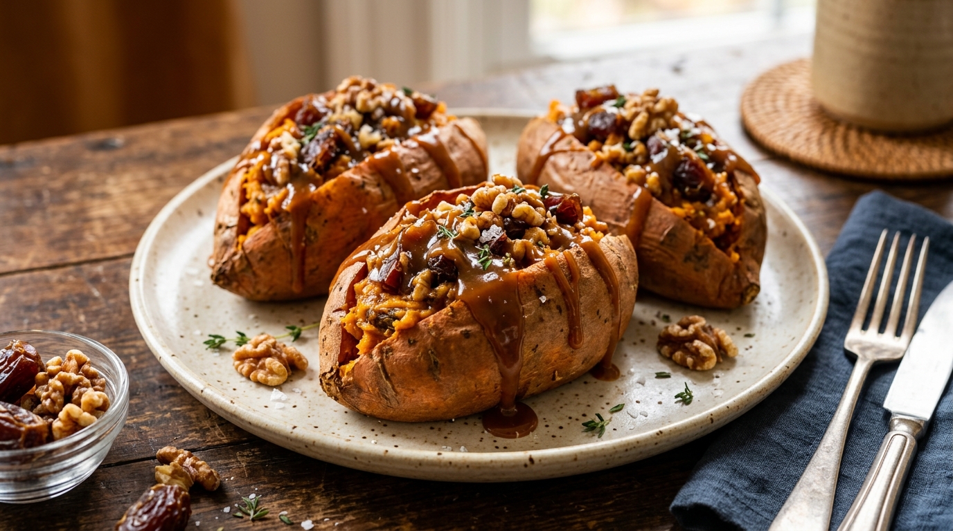 Caramel Date and Walnut Stuffed Sweet Potatoes - main hero image