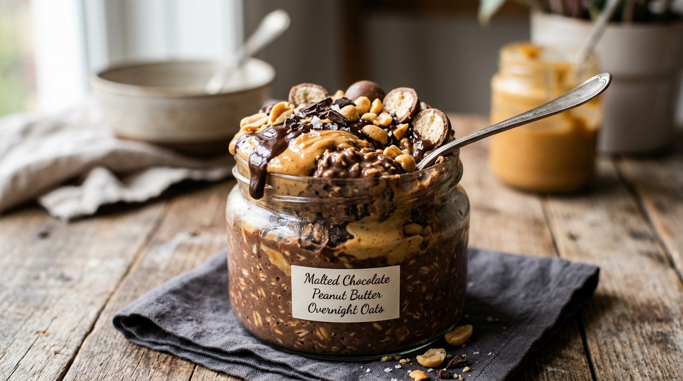 Malted Chocolate Peanut Butter Overnight Oats - main hero image