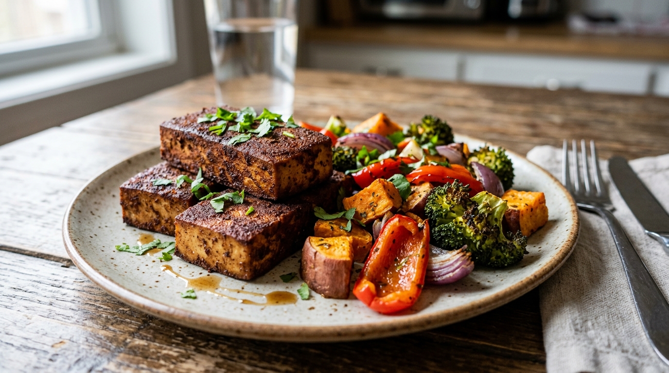 Cocoa-Crusted Tofu with Roasted Vegetables - main hero image