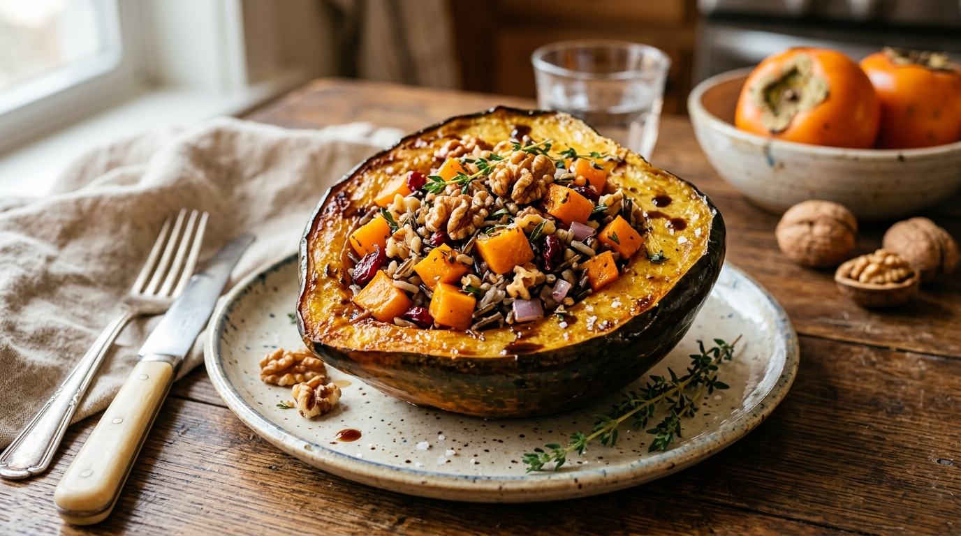 Persimmon and Walnut Stuffed Acorn Squash - main hero image