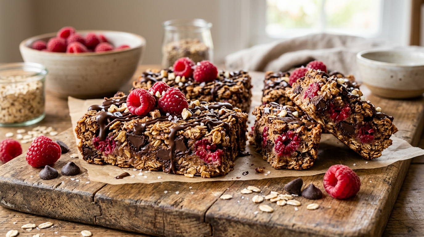 Raspberry and Dark Chocolate Oat Bars - main hero image